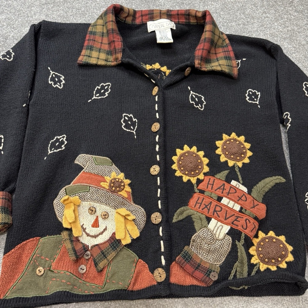 Vintage Mandal Bay Harvest Autumn Fall Scarecrow Cardigan Leaves Size Small